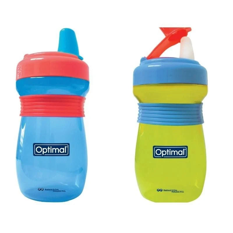 Pair of non-spill feeding cups: blue/red and lime/green with flip spouts