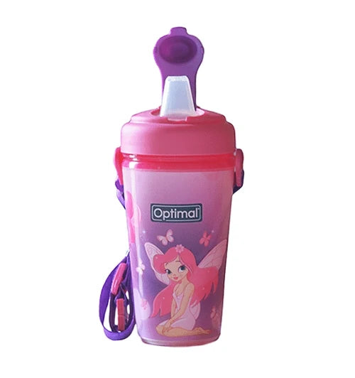 Silicone spout training cup, pink with purple lid, side handles and fairy graphic.