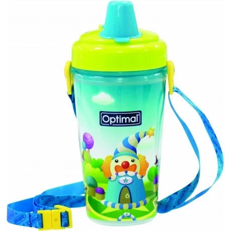 Silicone spout training cup, green with teal lid, illustrated animals and carry strap.
