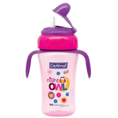Silicone spout training cup, pink with purple lid, owl night theme and side handles.