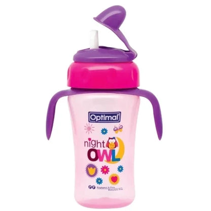 Silicone spout training cup, pink with purple lid, owl night theme and side handles.