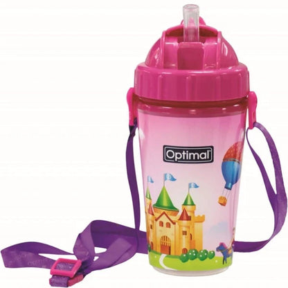 Optimal silicone straw cup, pink lid and strap, castle and balloon print, clear straw