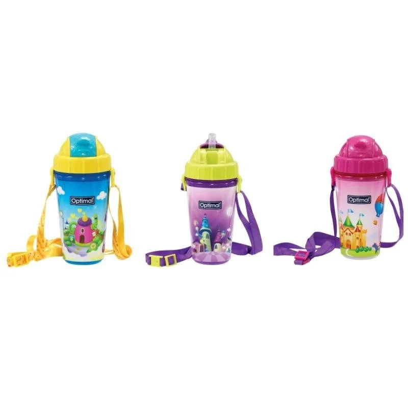 Set of 3 Optimal silicone straw cups: blue, purple, and pink with carry straps