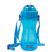 Silicone straw bottle with carry strap, blue, clear flip lid; Optimal logo