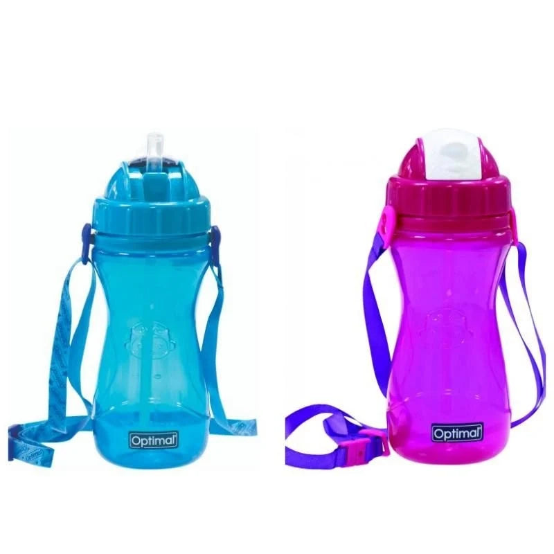 Silicone straw bottle set: blue and pink bottles with carry straps, flip lids; Optimal