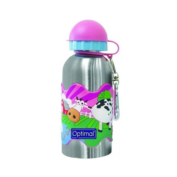 Stainless steel kids water bottle with purple cap, handle, and animal cartoon graphics