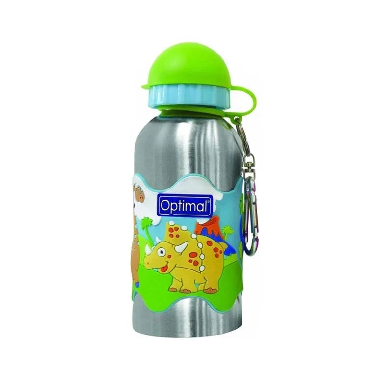 Stainless steel kids water bottle with green cap, handle, and animal cartoon graphics