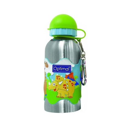 Stainless steel kids water bottle with green cap, handle, and animal cartoon graphics