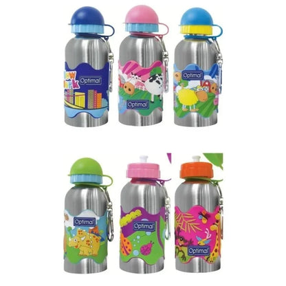 Set of stainless steel kids water bottles with assorted colored caps and animal decals