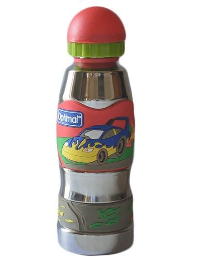 Red stainless steel water bottle with car-themed graphics and green lid insert