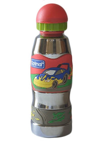 Red stainless steel water bottle with car-themed graphics and green lid insert