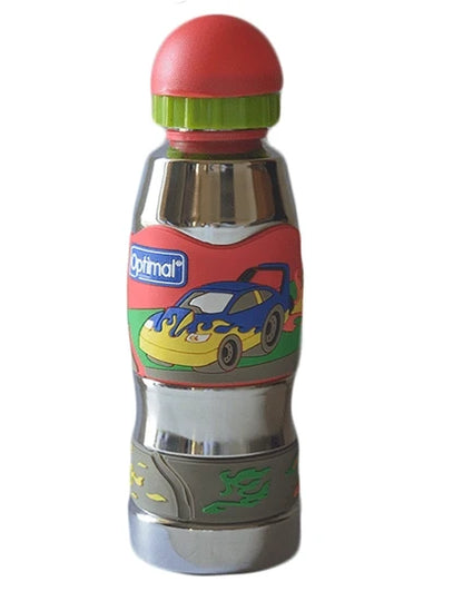 Red stainless steel water bottle with car-themed graphics and green lid insert