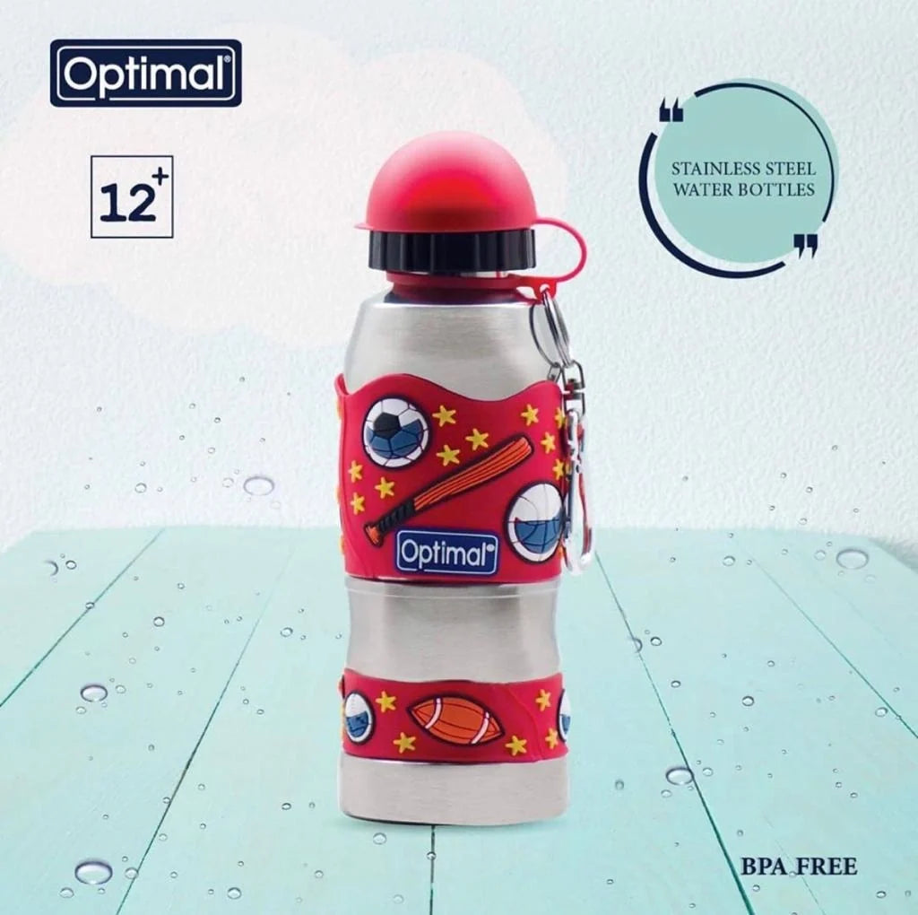 Red-and-silver stainless steel water bottle with soccer print, red cap, carrying loop