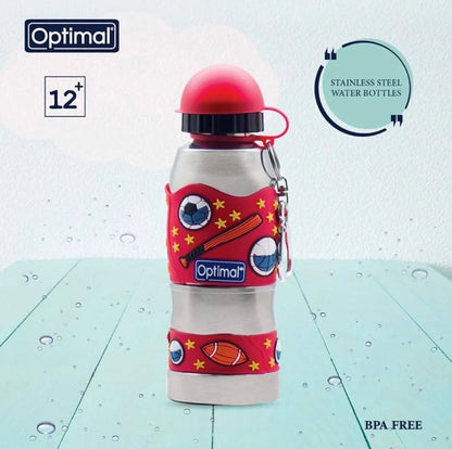 Red-and-silver stainless steel water bottle with soccer print, red cap, carrying loop