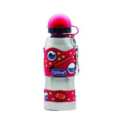 Red-and-silver stainless steel water bottle with soccer print and red dome lid, handle loop