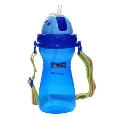 Wide-neck silicone straw bottle, blue with sippy spout and carry straps
