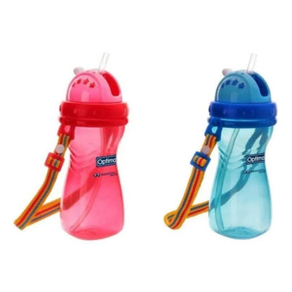 Wide-neck silicone straw bottles, pink and blue pair with straws and carry straps