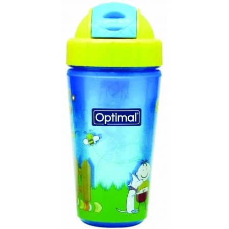 Insulated straw cup 350ml, blue with green lid and straw, Optimal logo