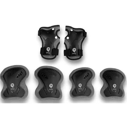 Children’s size S knee protectors, black pads with black straps and gray mesh backing