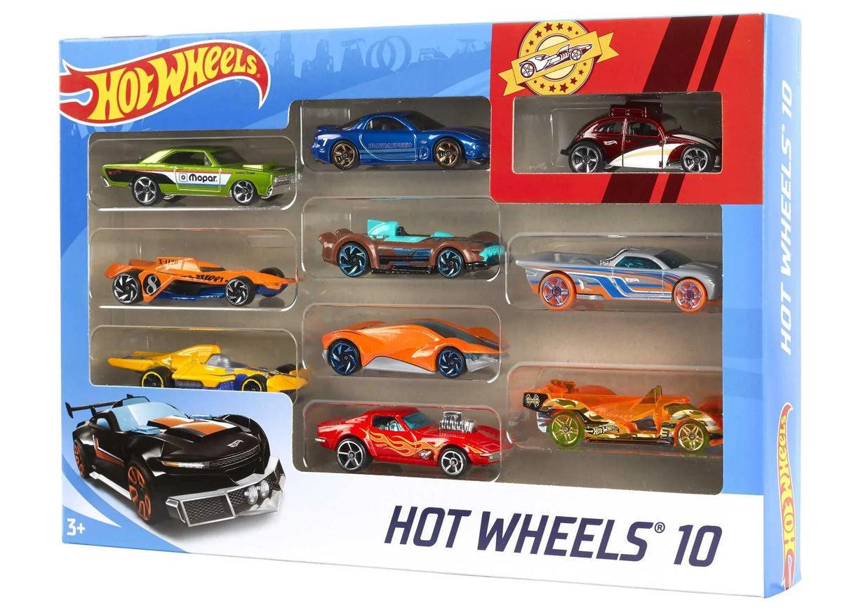 Hot Wheels 10-pack box with multiple die-cast race cars