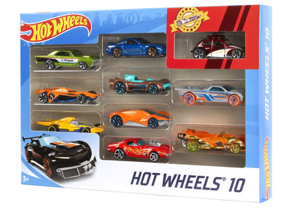Hot Wheels 10-pack box with multiple die-cast race cars