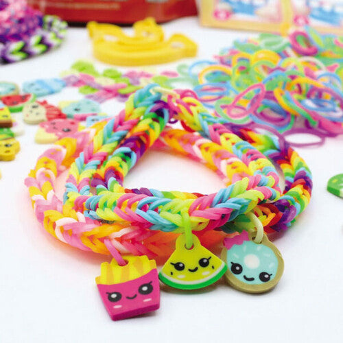Rainbow braided charm bracelet with cute food charms, multicolor beaded links