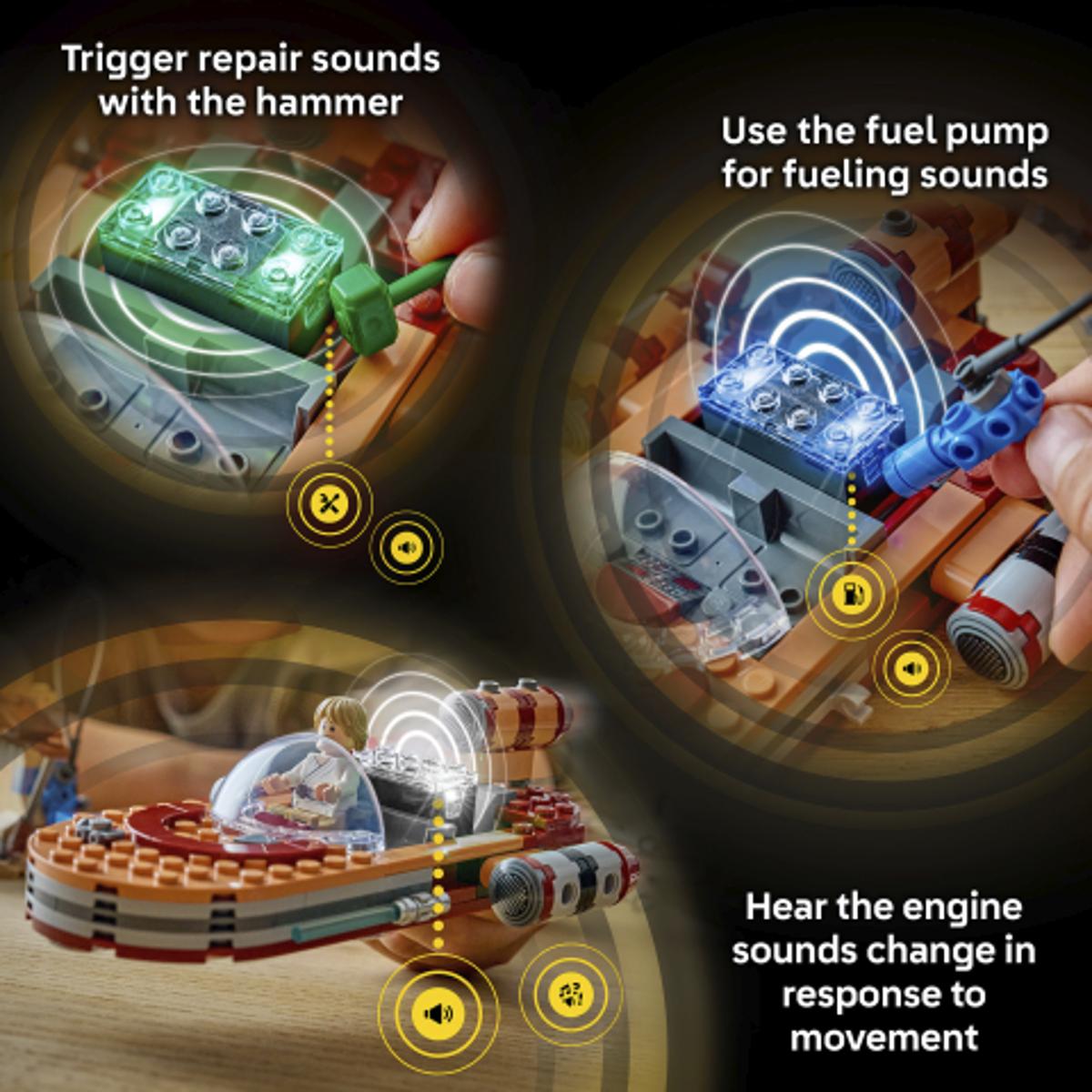 Landspeeder playset with glowing SMART parts showing sound-response features