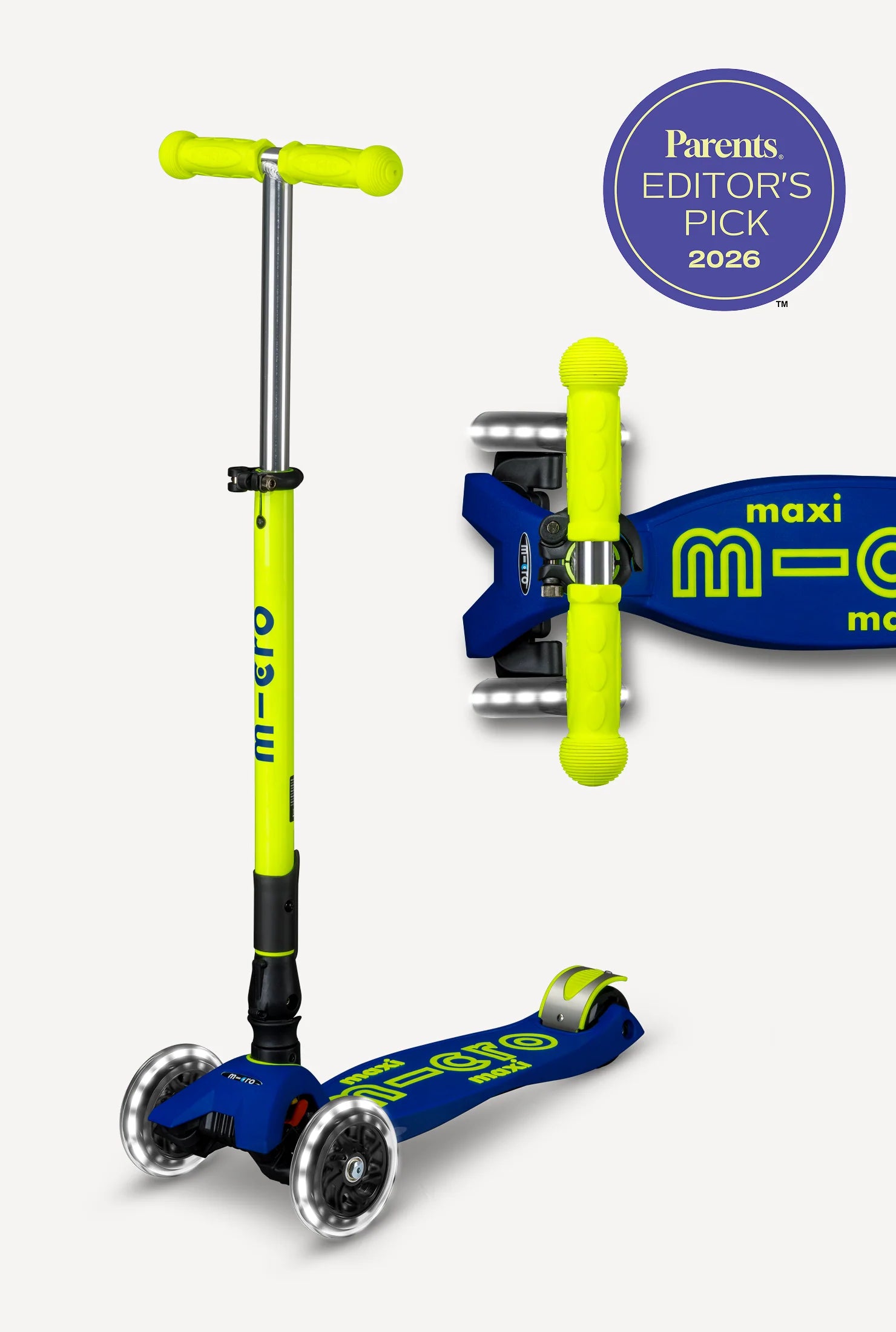 Foldable LED scooter with lime green stem, blue deck, and three wheels