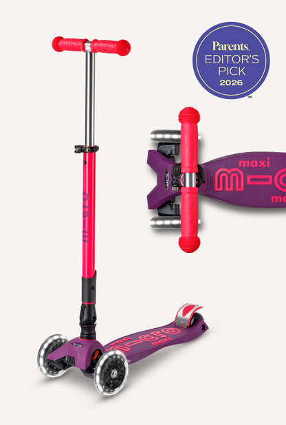 Foldable LED scooter with red stem, purple-pink deck, and three wheels