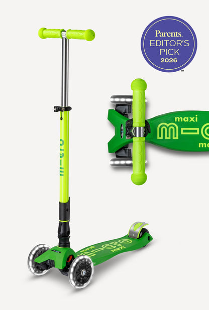 Foldable LED scooter with lime green frame, black handlebar, and three wheels