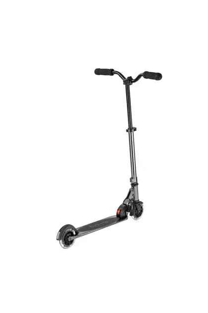 Black LED scooter angled view with handlebar grips, front wheel, and folded deck