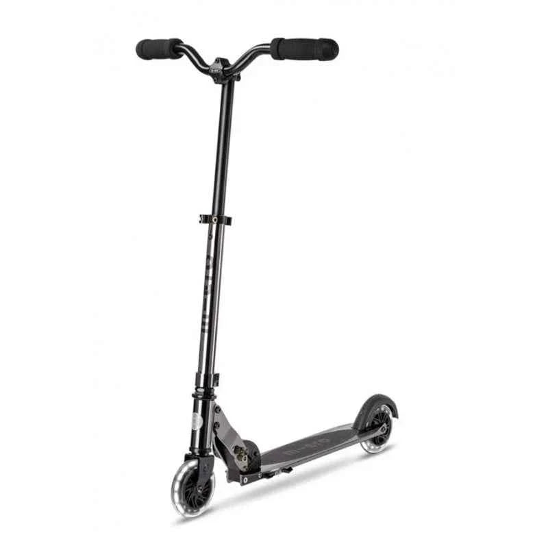 Black LED scooter with handlebar grips and front wheel, compact foldable deck