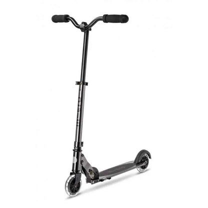 Black LED scooter with handlebar grips and front wheel, compact foldable deck