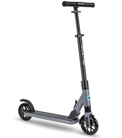 Dark gray suspension kick scooter side view with black wheels and handlebar