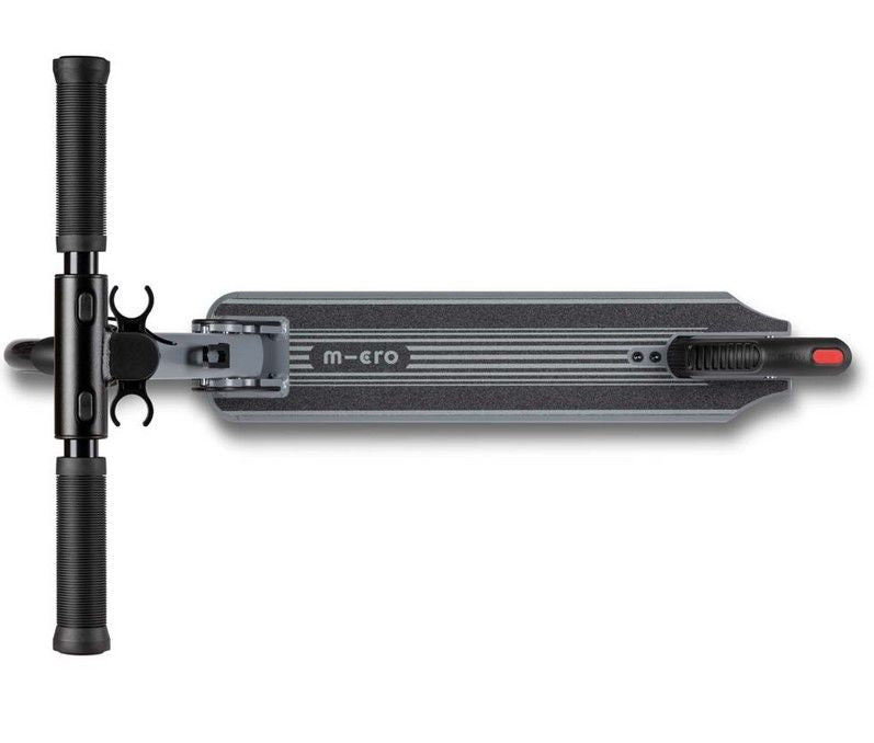Dark gray kick scooter deck with rear red reflector and black handlebars