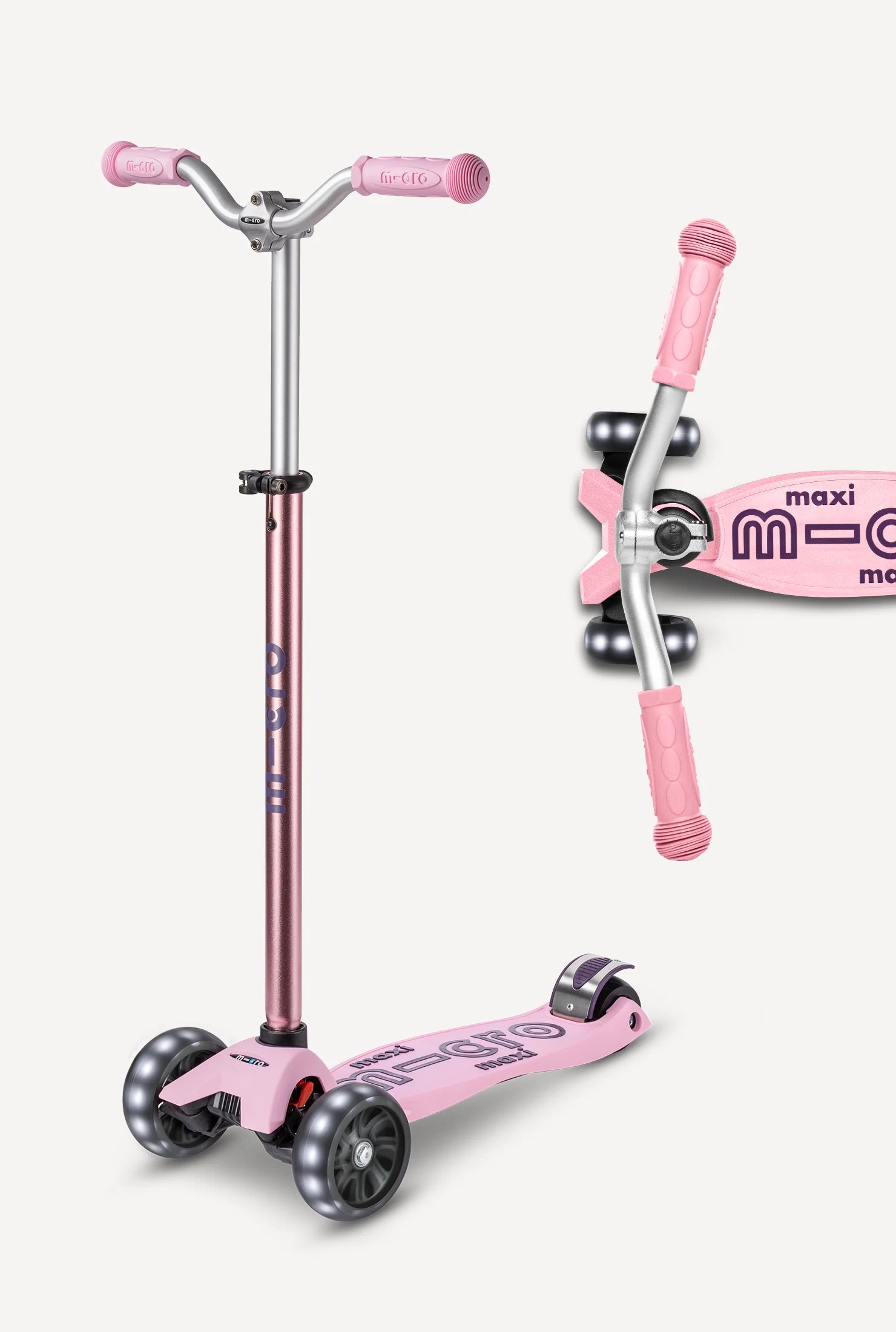 Pink LED scooter with handlebar grips, deck, and front wheels