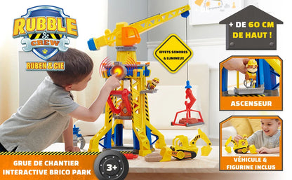 Crane tower interactive toy set in retail box, yellow and blue build with lights