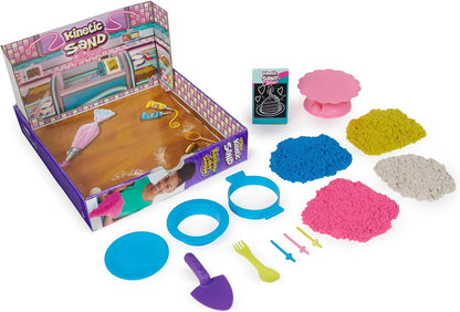 Kinetic Sand Rainbow Cake Shoppe kit with molds, scoop tools, and multicolor sand