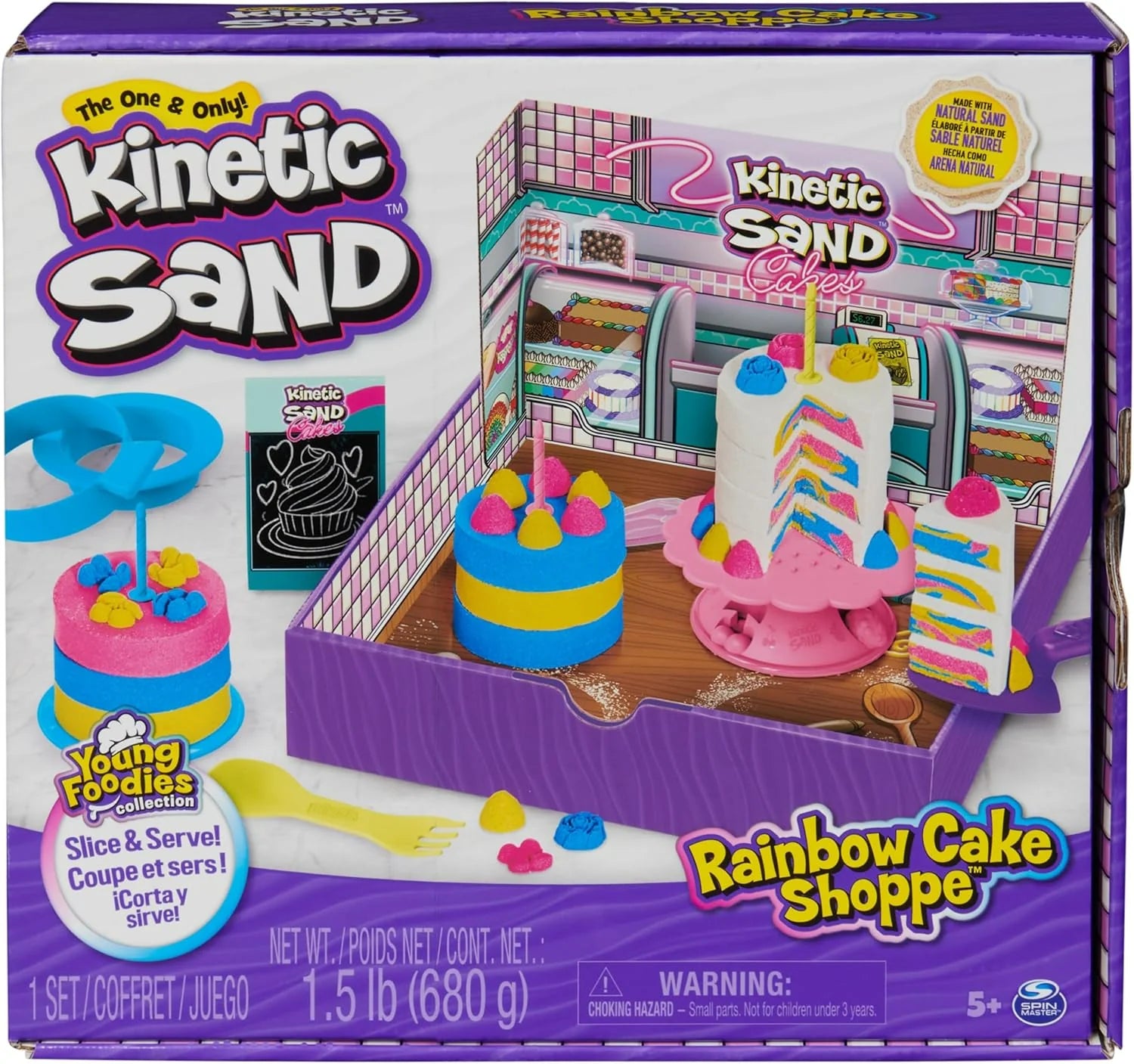 Kinetic Sand Rainbow Cake Shoppe playset box with cake molds and rainbow sand
