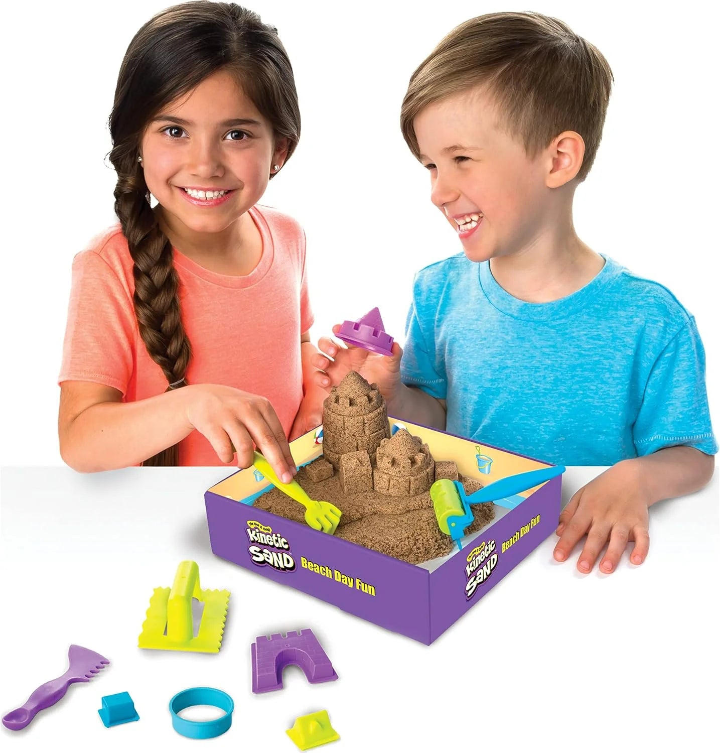 Kinetic Sand Beach Day Fun Set with castle mold, shown with play tools