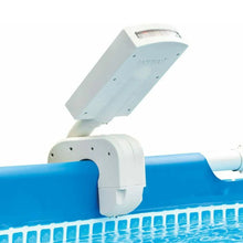 White pool LED sprayer with open nozzle and water outlet over pool edge