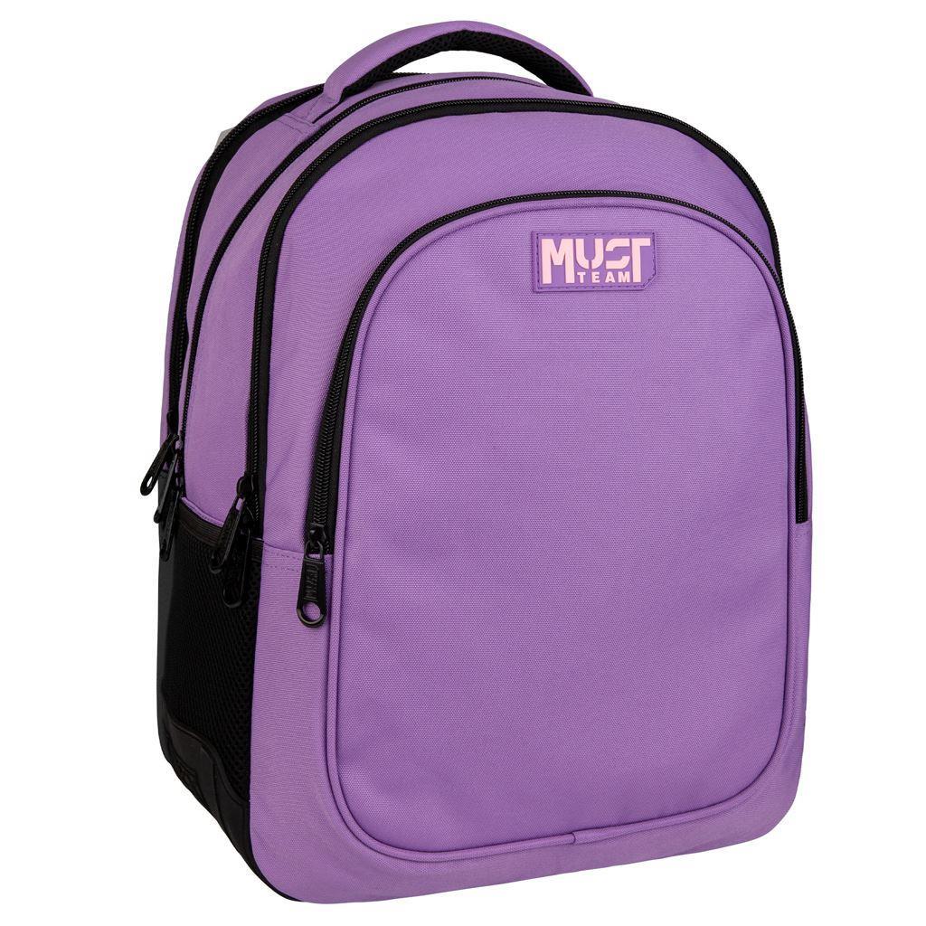 Purple Must Team backpack with front logo patch and zip compartments