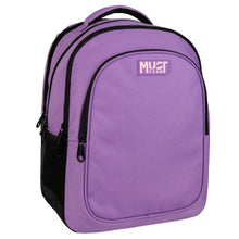 Purple Must Team backpack with front logo patch and zip compartments