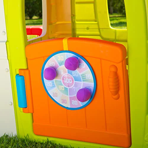 Orange activity panel with purple dial on a green-and-white kids playhouse