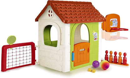 Kids plastic playhouse with red roof, green doors, and side activity panels