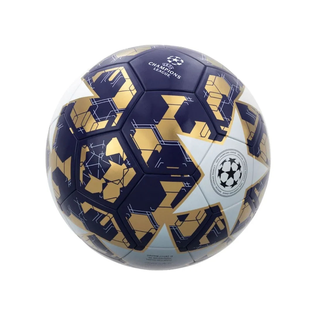 Navy soccer ball with gold geometric graphics and UEFA Champions League logo