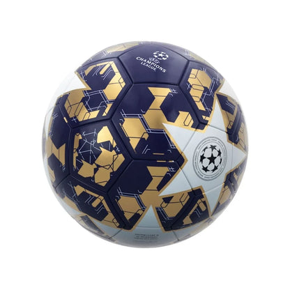 Navy soccer ball with gold geometric graphics and UEFA Champions League logo