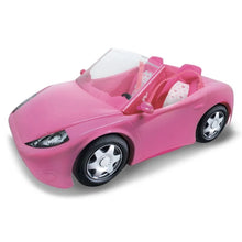 Pink convertible toy car with open top, dashboard, and silver wheels