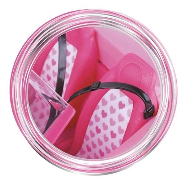 Pink toy car seat interior with heart-pattern seats and steering column