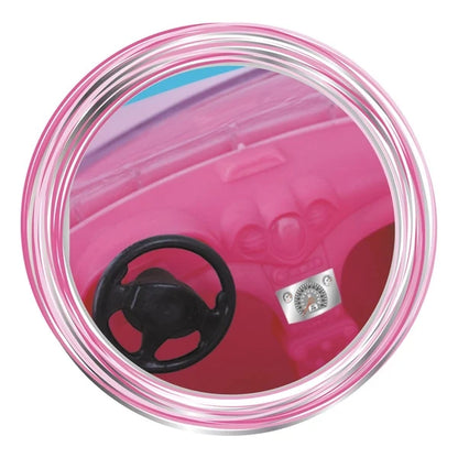 Pink toy car interior with black steering wheel and dashboard